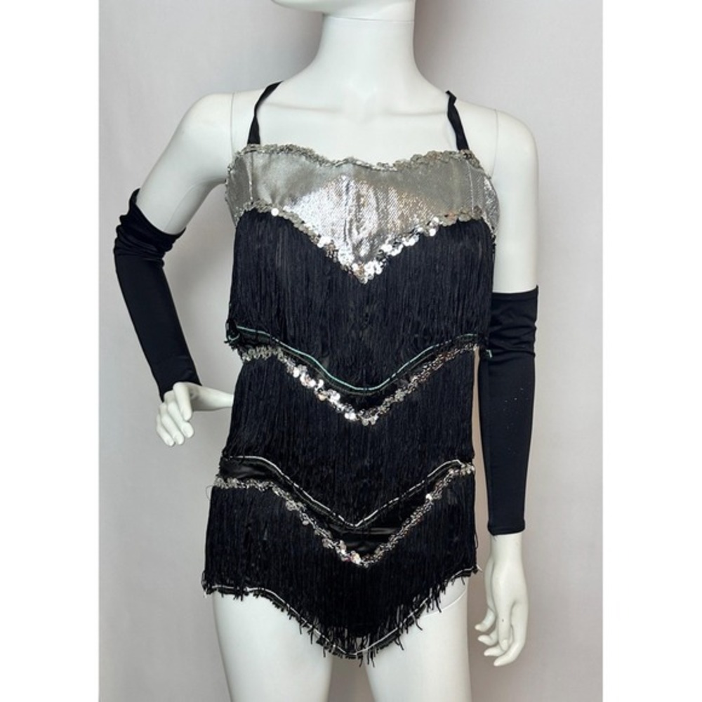 Vintage 80s Art Stone Tap Jazz Dance Costume Silver‎ sequins Fringe Sz Large